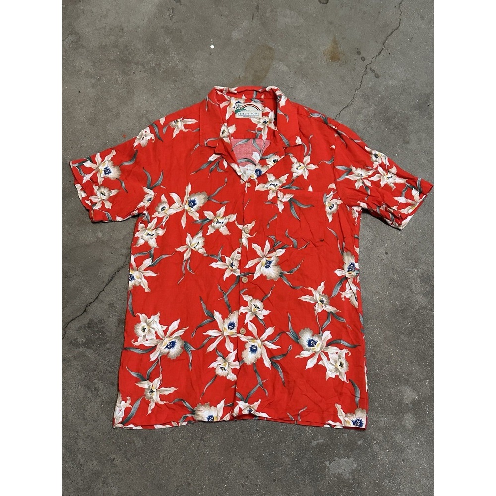 Paradise Found Men's Large Vintage Floral Hawaiian Aloha Shirt‎ Red Button Down